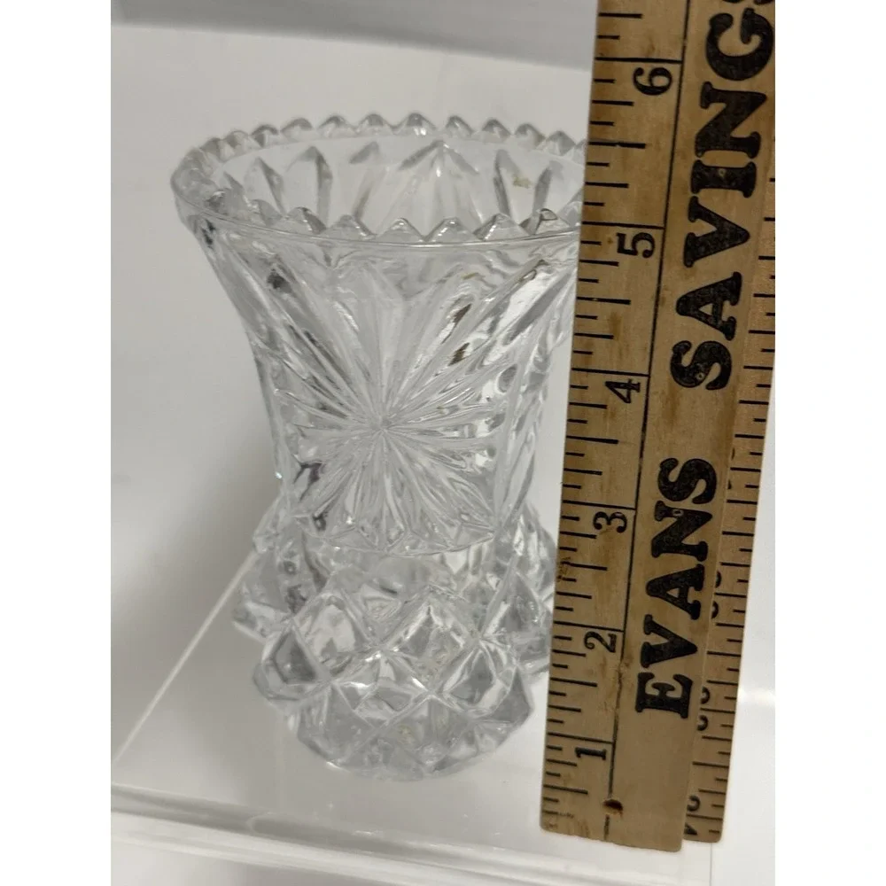 Vintage Clear Pressed Glass‎ Bud Vase Starburst Diamond Point Sawtooth Rim 5